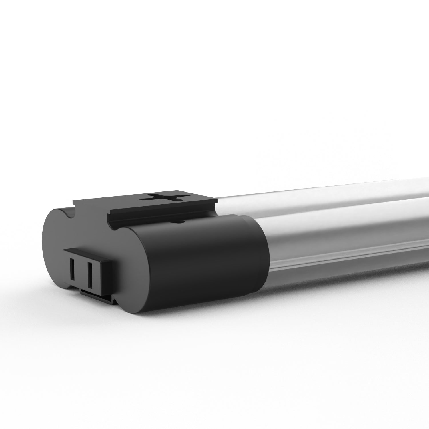 Close-up of black shop light end cap and slim dual LED tube body.