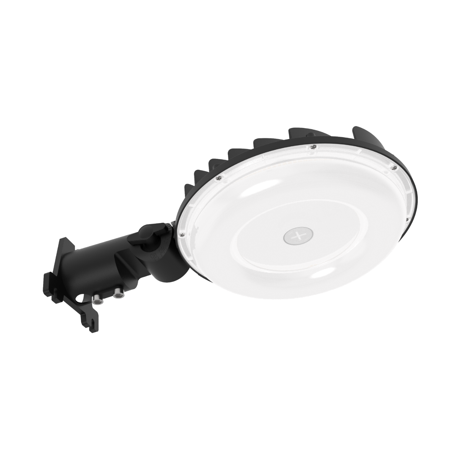 Round industrial light fixture with black arm on a white background