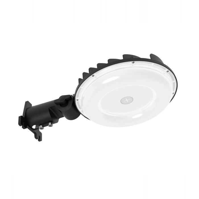 Round industrial light fixture with black arm on a white background