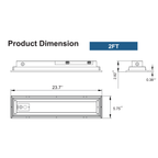 2ft fixture dimensions: 23.7 x 5.75 x 2.82 inches, with 0.38-inch trim thickness