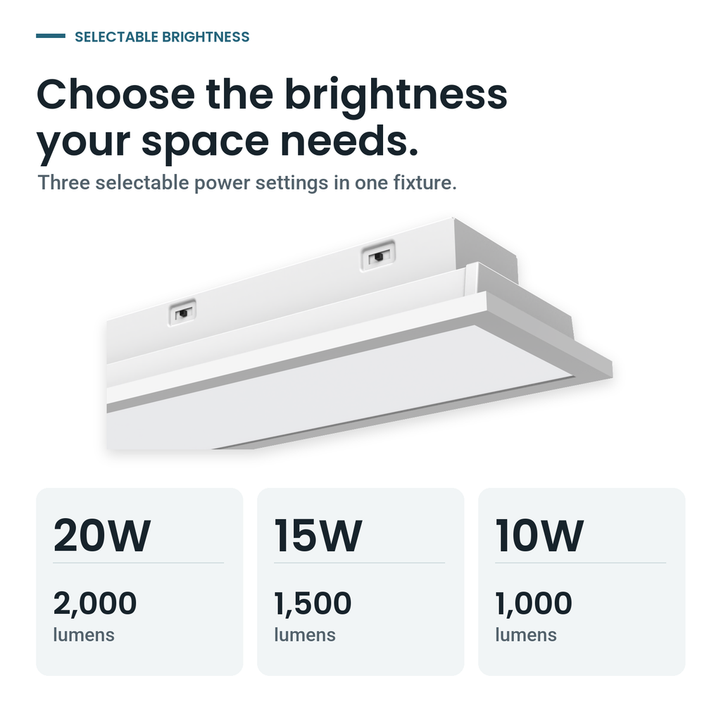 Selectable brightness: 20W 2000 lumens, 15W 1500 lumens, 10W 1000 lumens