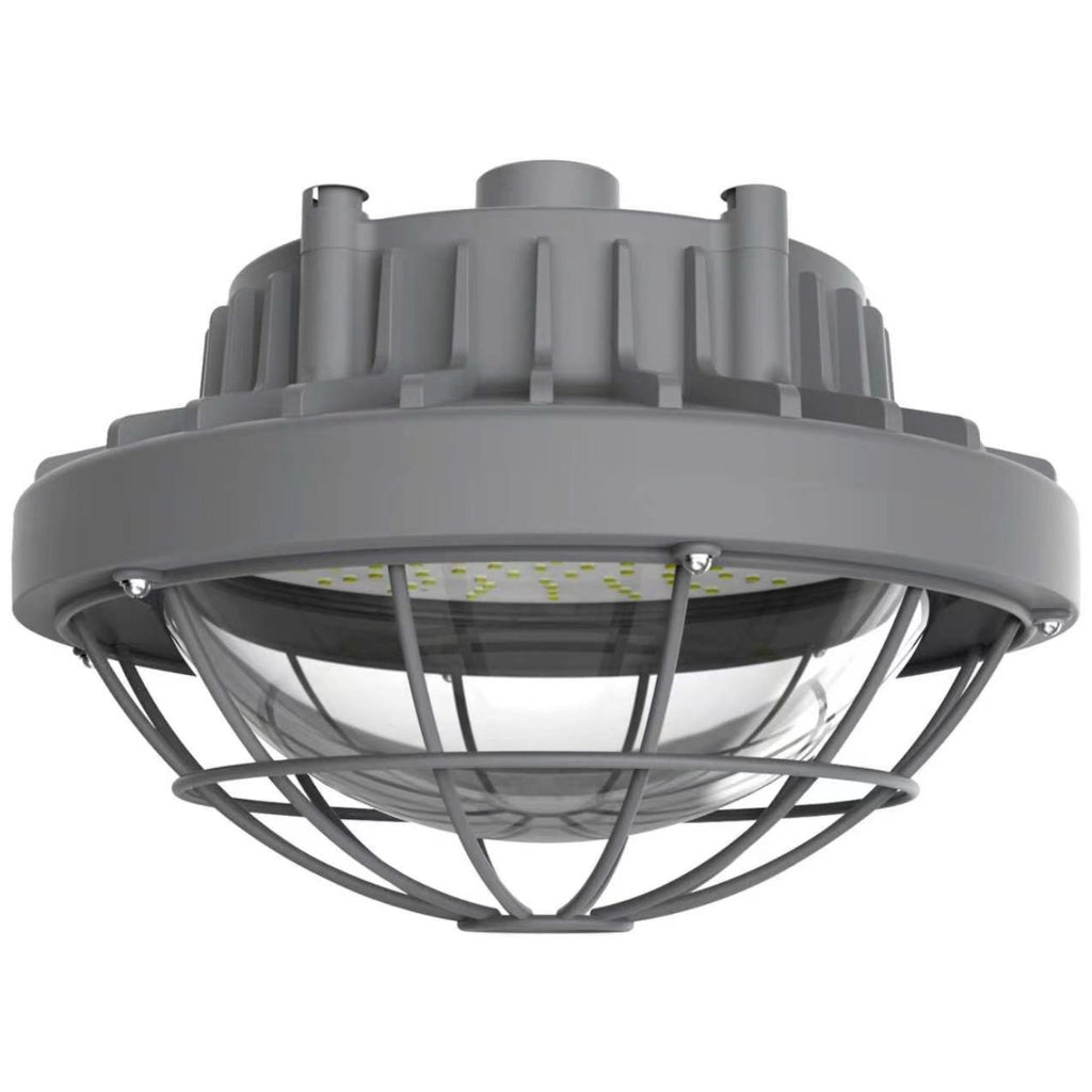 A gray industrial LED light fixture with a protective cage and ribbed top housing, shown against a plain white background.