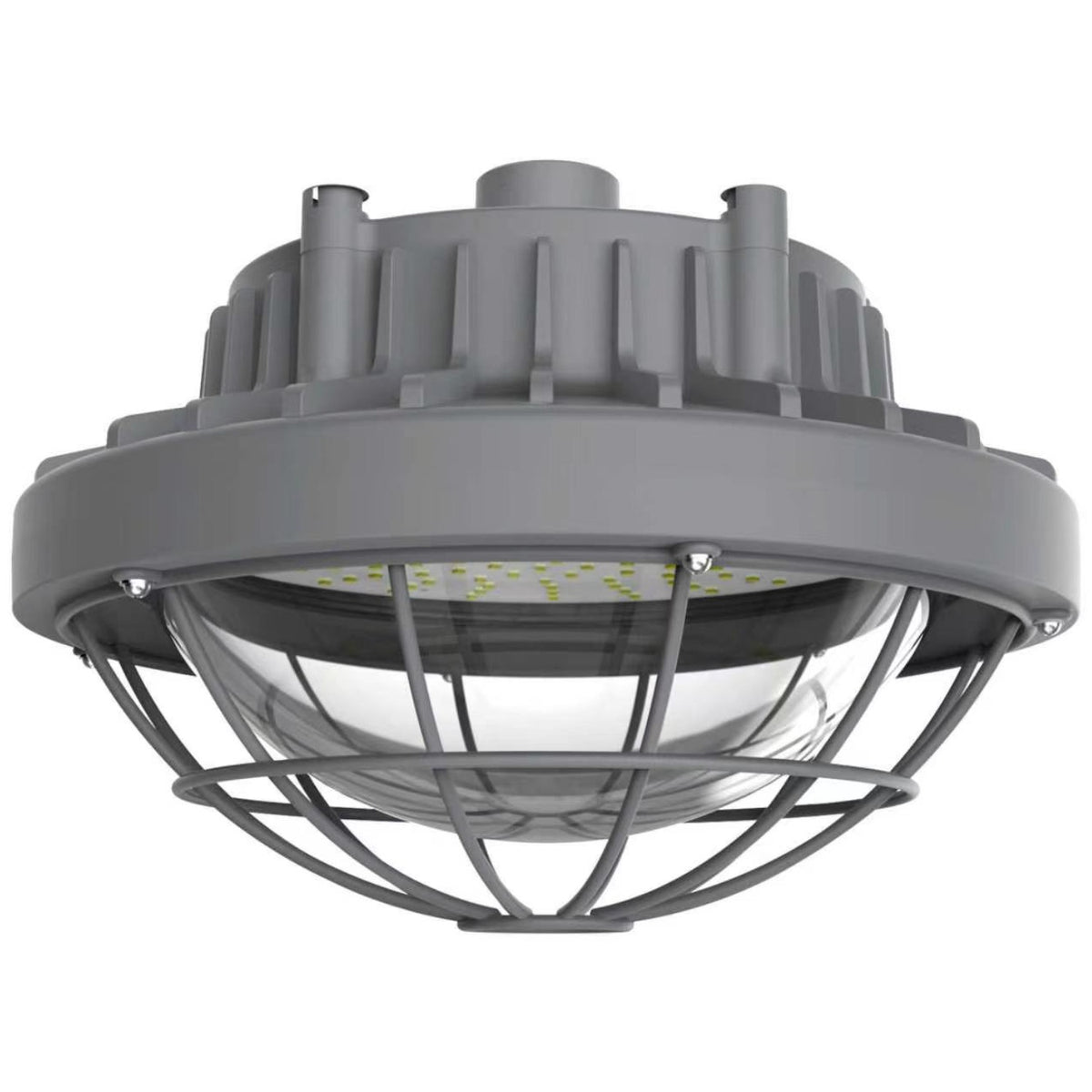 A gray industrial LED light fixture with a protective cage and ribbed top housing, shown against a plain white background.