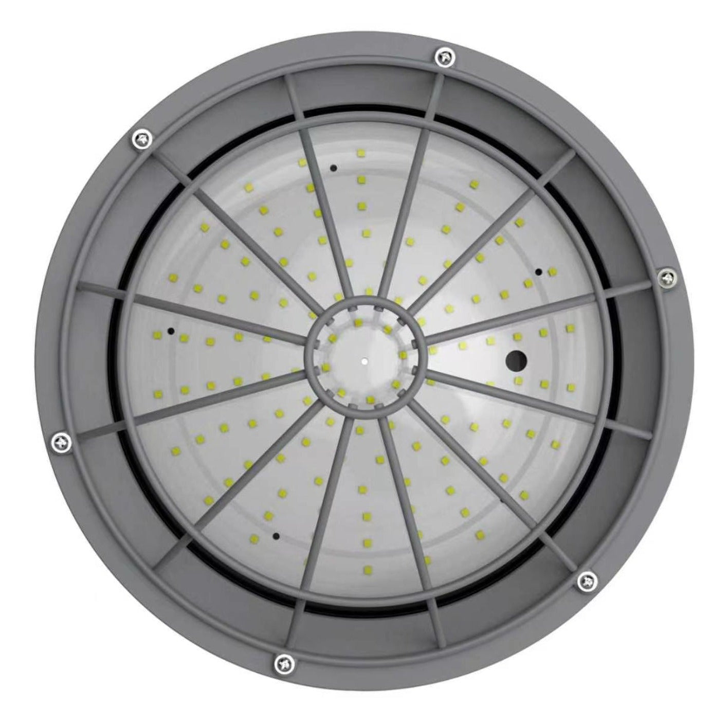 A circular industrial LED light fixture with a gray metal frame, radial internal ribs, and a clear diffuser panel showing many small yellow-green LED chips, photographed on a white background.
