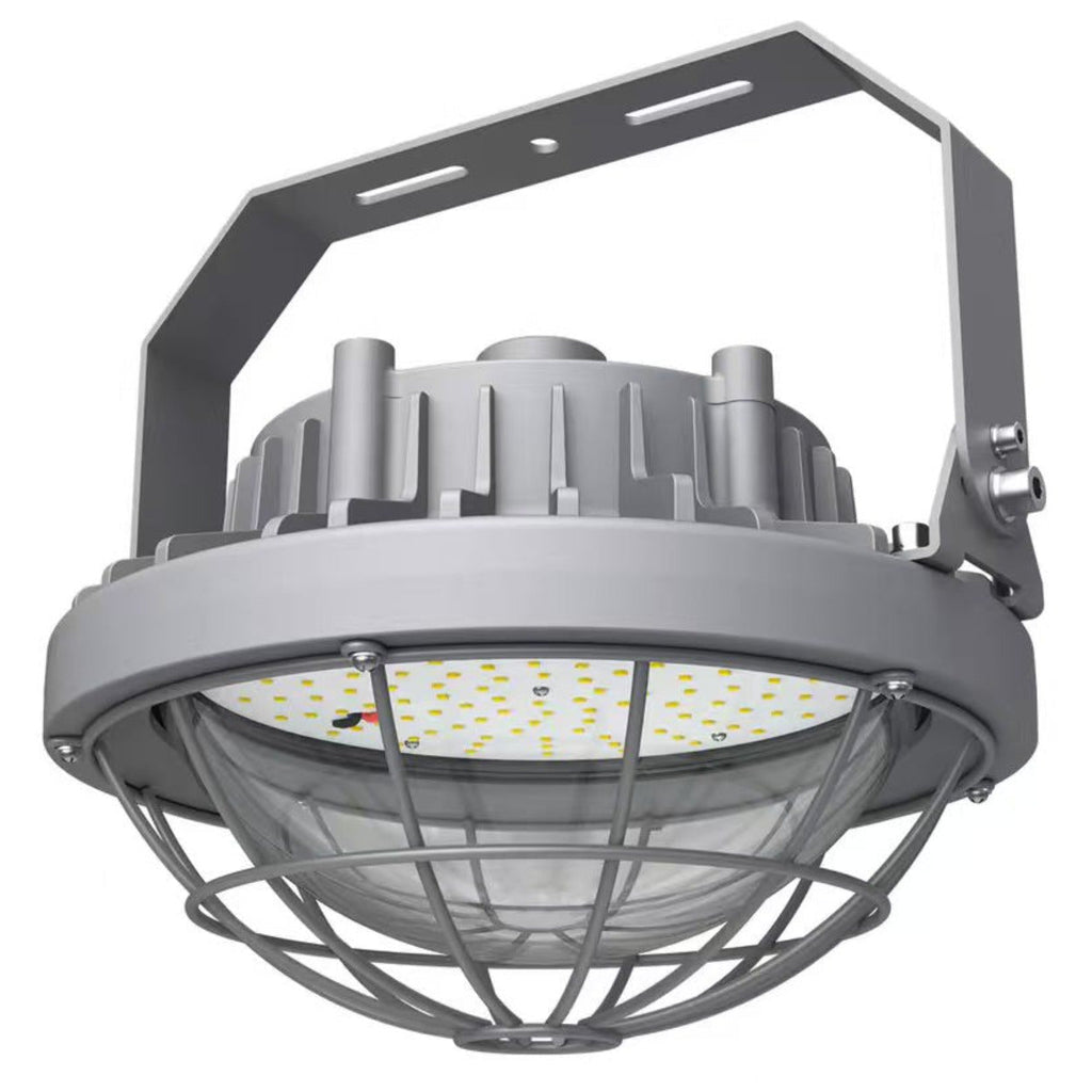 An industrial LED work light with a protective cage and mounting bracket, shown against a plain white background.
