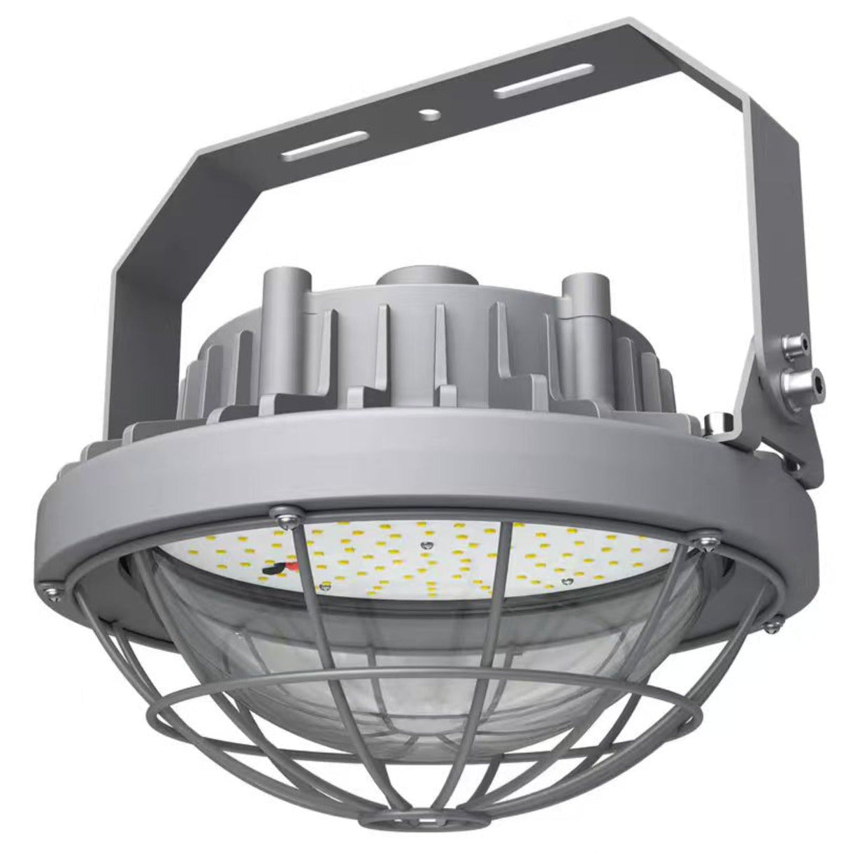 An industrial LED work light with a protective cage and mounting bracket, shown against a plain white background.