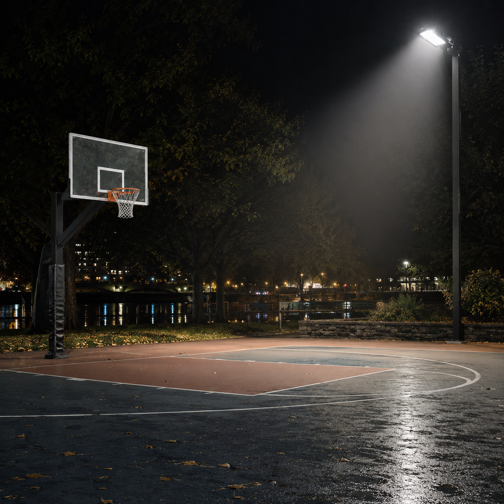 Basketball court at night with LED flood light slip fitter mount illuminating the area