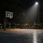 Basketball court at night with LED flood light slip fitter mount illuminating the area