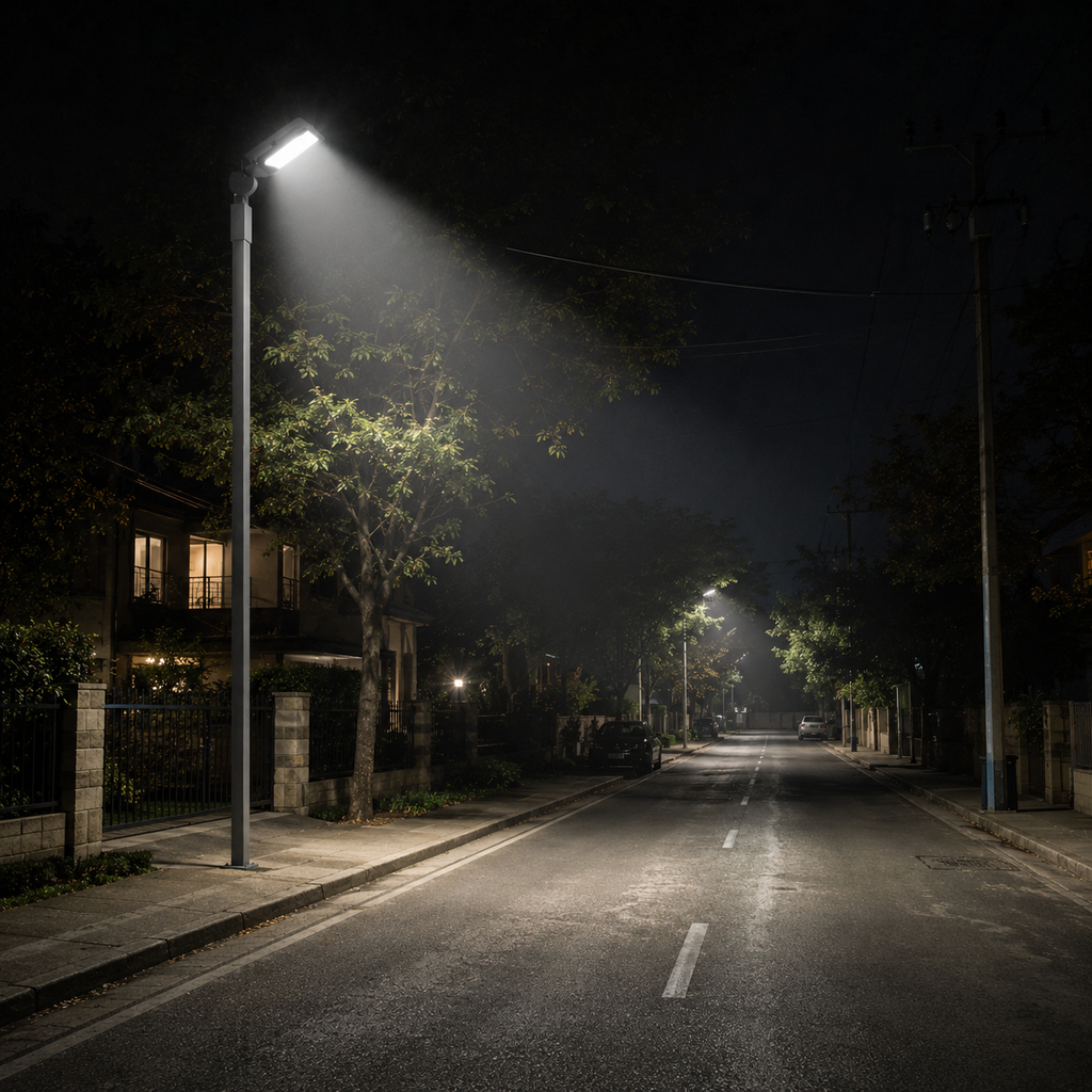 Street at night with LED flood light slip fitter mount illuminating a residential area