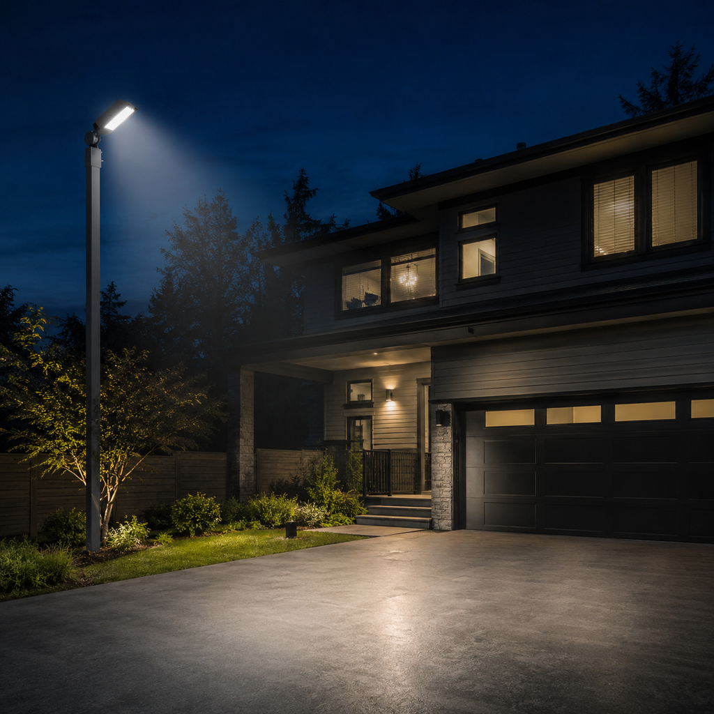Modern house exterior at night with illuminated driveway eith LED flood light slip fitter mount 