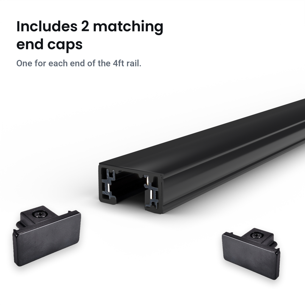 Black Halo track rail with 2 matching end caps, one for each end of the 4ft rail