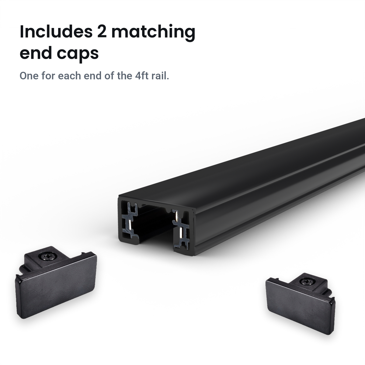 Black Halo track rail with 2 matching end caps, one for each end of the 4ft rail