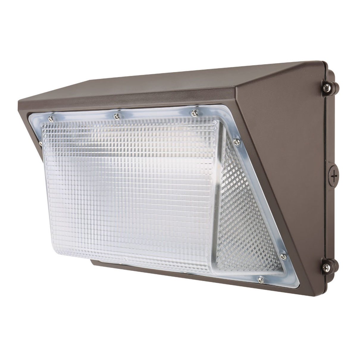 Dark bronze LED wall pack with clear lens, angled view.