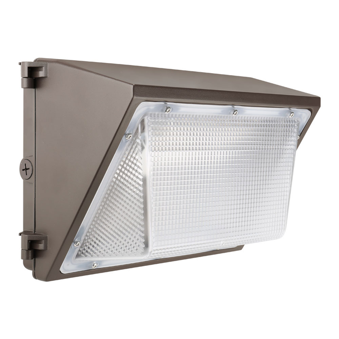 Opposite angled view of dark bronze LED wall pack with clear lens.