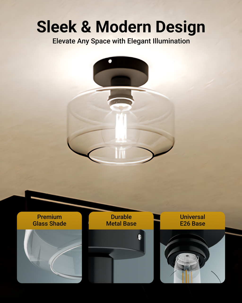 The Semi-Flush Farmhouse Ceiling Light features a premium glass shade, durable metal base, and a universal E26 base.