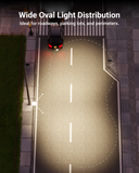 The fixture features wide, uniform lighting that covers spacious areas. Ideal for parking lots, roadways, stadiums, sports fields, car dealerships, and school campuses.