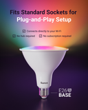 Custom White Light. Whether you light Soft White or Daylight color temperatures, to change from warm to cool white light, Sunco’s smart bulbs have you covered. With PAR38 LED Smart Bulb’s tunable white options you can select the warm or cool tone that best suits how you use a multipurpose room throughout the day. Image shows the app on a smart phone, a living room with warm, welcoming light and an work from home office with cooler, task lighting in a higher color temperature selected.