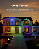 Music Sync can change colors with the beat of your favorite songs to enhance your next party or gathering. Image shows a smart phone with the app closeup and a group of friends dancing under colorful lights. Music Sync lets the lights dance to the beat so you can stop being DJ and start dancing instead. Try creating groups to link lights together so they dance as one.
