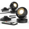 Two black outdoor lights with a remote control on a white background