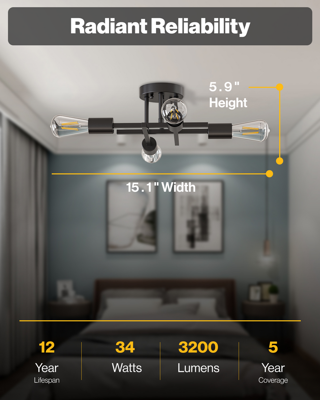 Sputnik Industrial Ceiling Light with ST64 Filament Bulbs, 3200 Lumens