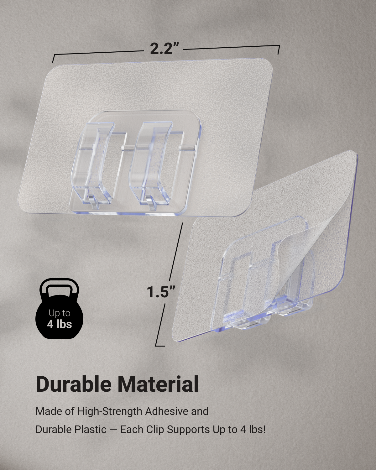 Outdoor String Light Clips are 2.2"x1.5" and can hold up to 4lbs.