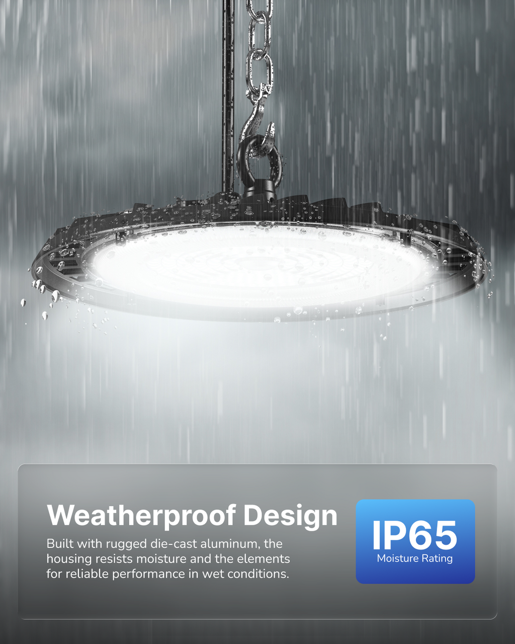 IP65 wet-location use. UFO high bay light running in rainfall with water droplets