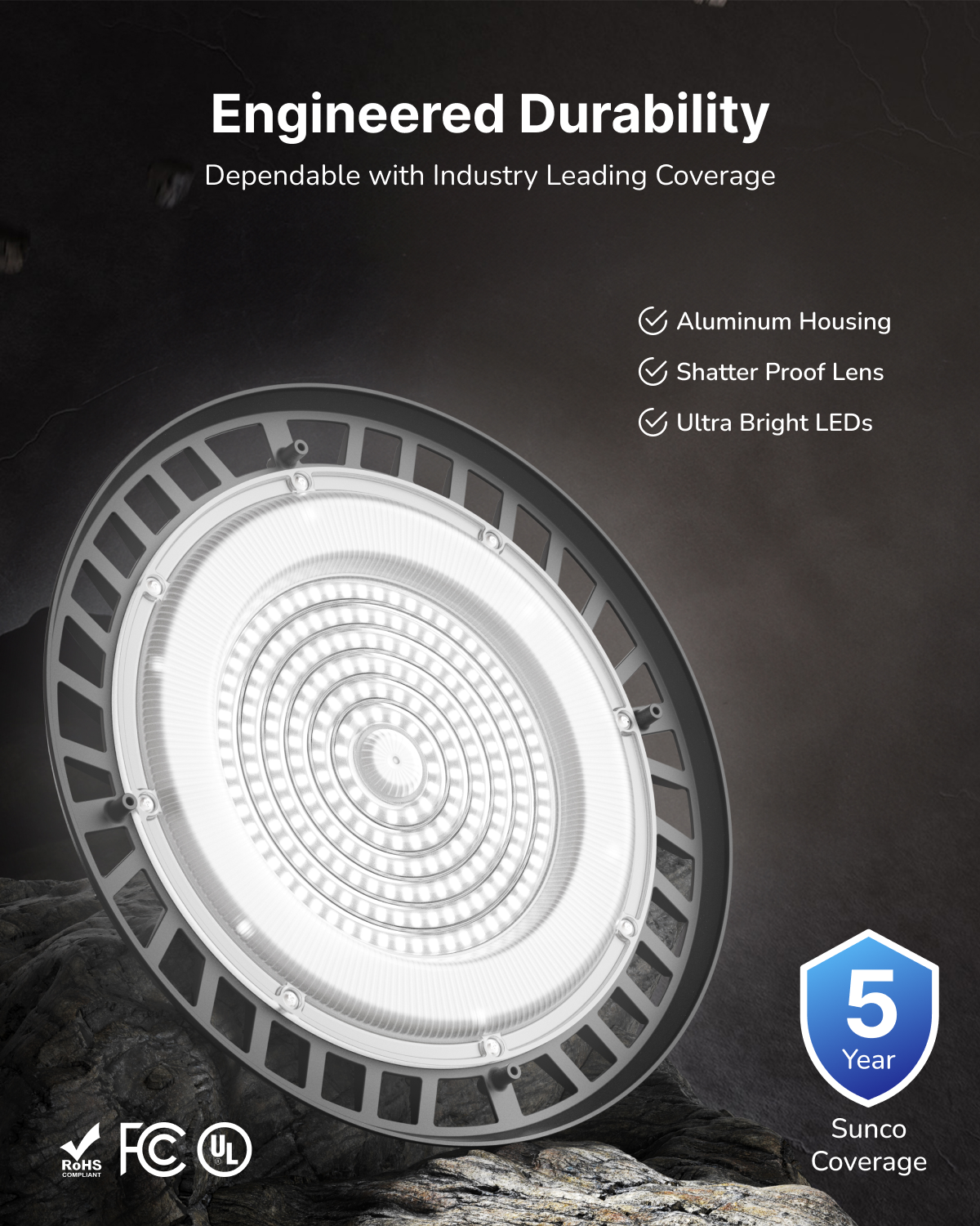 Close-up of UFO high bay lens and housing with durability callouts and a 5-year coverage badge