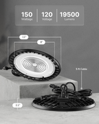 Product dimensions. Spec callouts for 150W, 120V, 19500 lm; dimensions 11”, 8”, 2.1”, plus 5 ft cable shown.