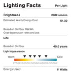 Lighting facts label for one light showing 660 lumens, 11 watts, 45.6 year life, and 2700K to 5000K light appearance.

