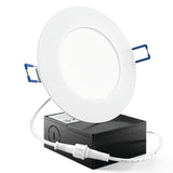 The dimmable Sunco Slim Downlight with Junction Box is an all-in-one package that includes J-box, wiring, wire nuts, the LED downlight, and spring clips to hold it in a narrow ceiling space. The smooth trim helps streamline this LED fixture to your ceiling so you gain the light, but not unsightly light fixtures. Easily install this since everything is included.