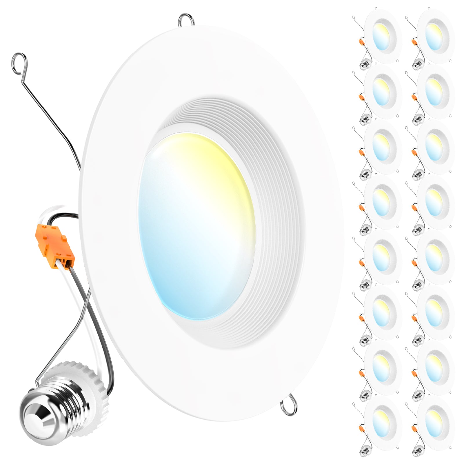 Large hero baffle retrofit light plus 16 smaller duplicates, with E26 adapter, spring clips, and selectable color lens.