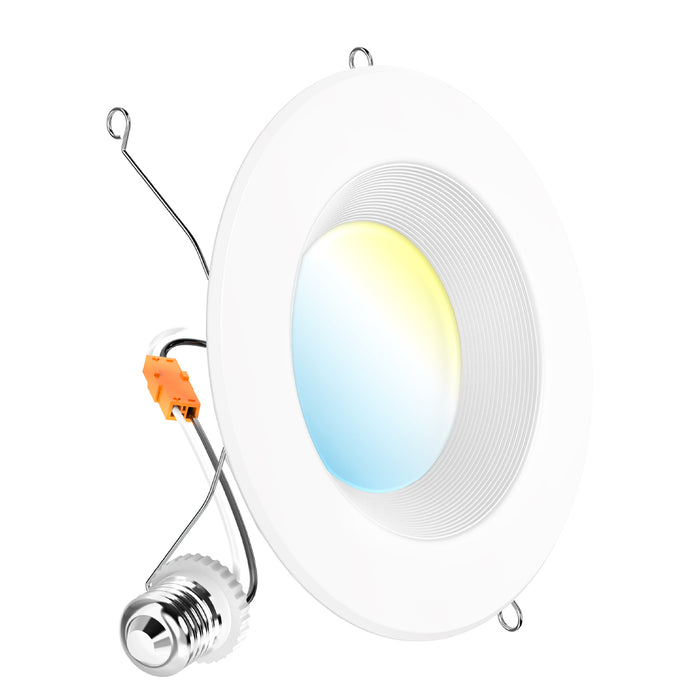 White 6-inch baffle retrofit downlight with E26 adapter and orange TP24 connector, angled view