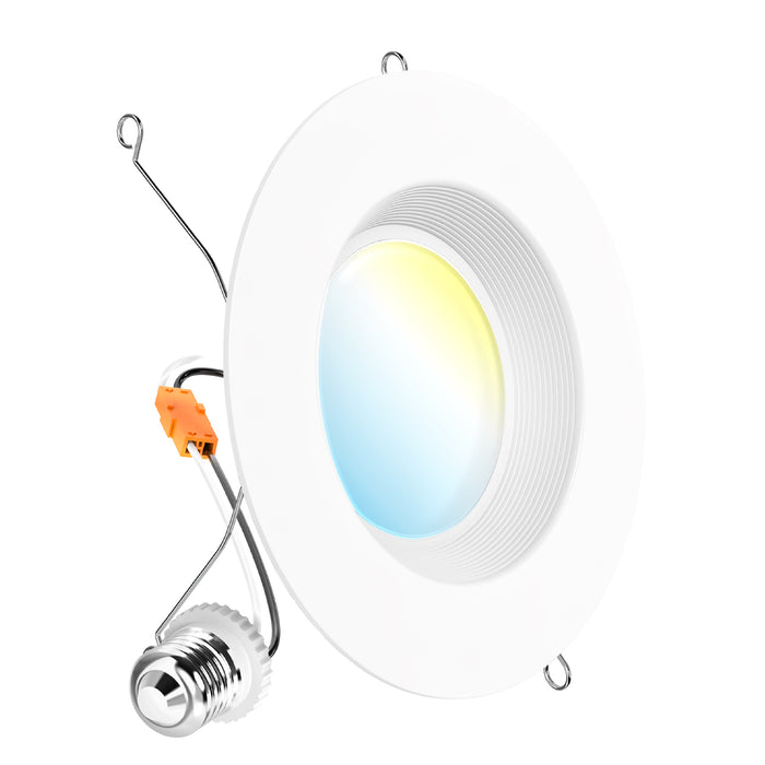 Angled baffle retrofit recessed light with E26 adapter, spring clips, orange connector, and selectable color lens.
