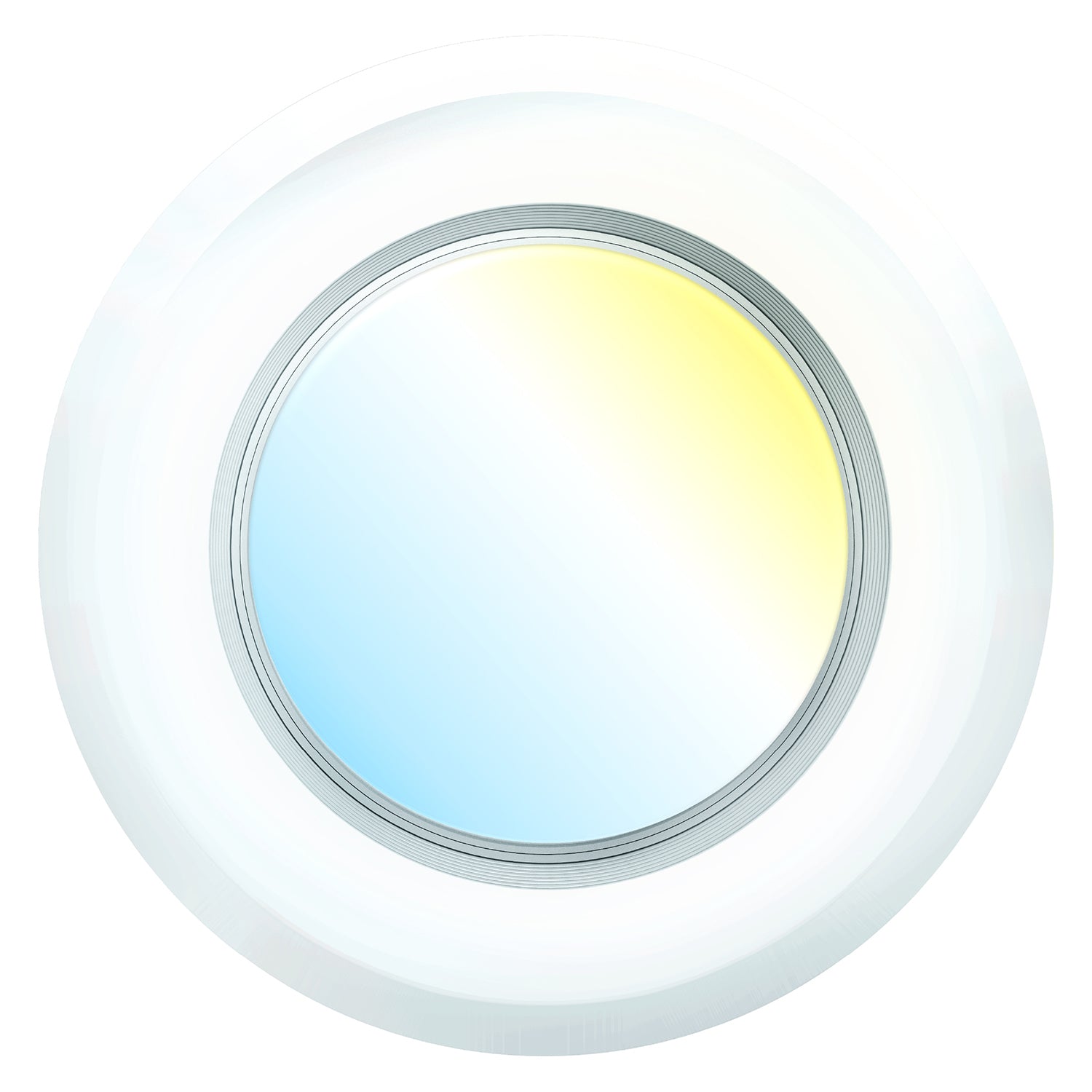 Front view of 6 inch retrofit nightlight with white trim, baffle detail, and warm to cool lens gradient.
