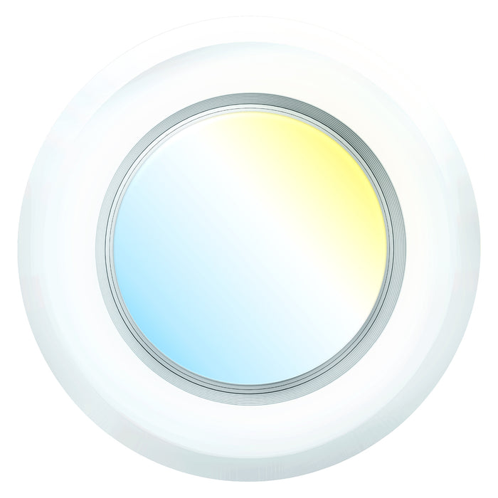 Front view of 6 inch retrofit nightlight with white trim, baffle detail, and warm to cool lens gradient.
