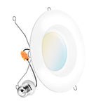 Angled 5/6 inch selectable retrofit light with E26 adapter, spring clips, orange connector, and smooth white trim.