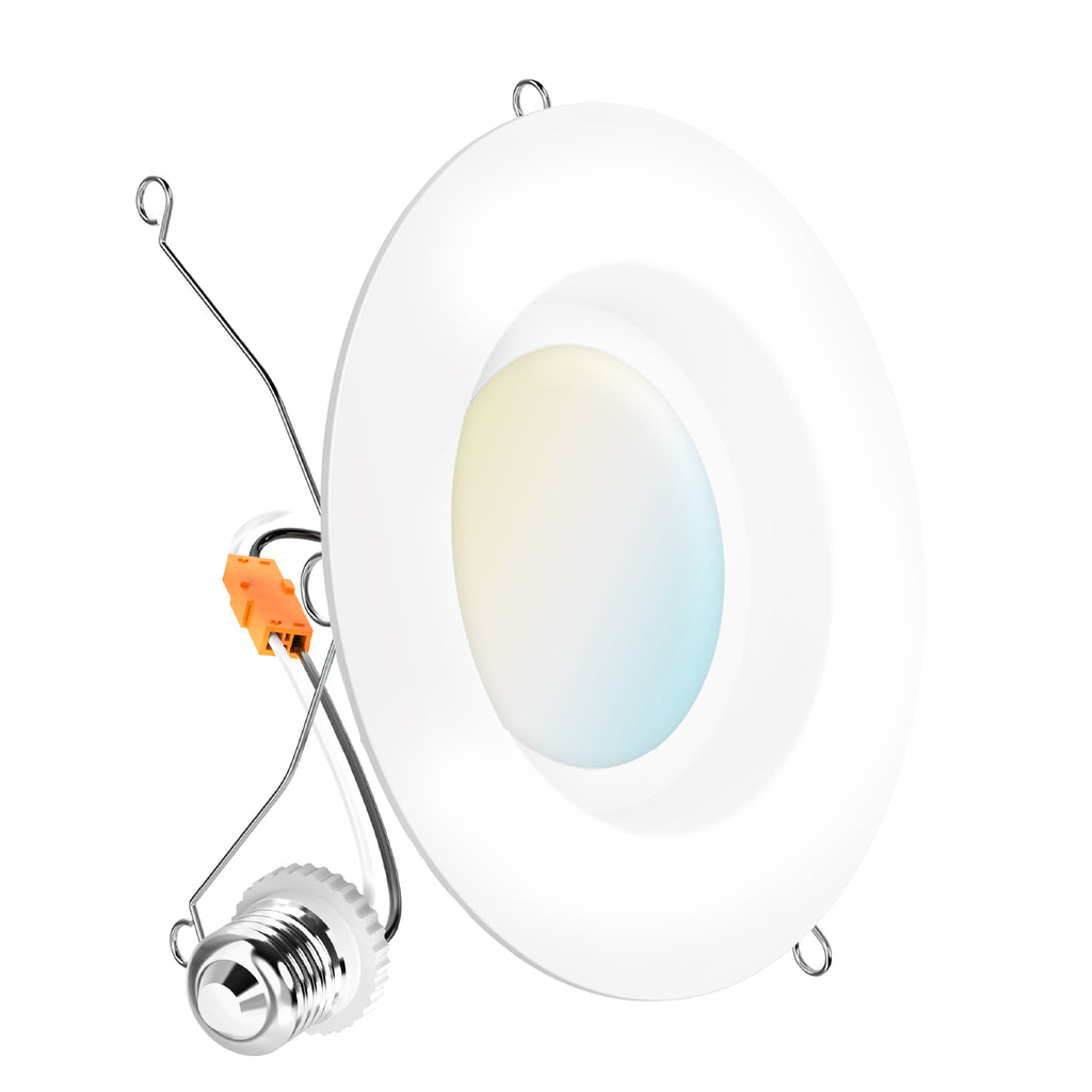 Angled smooth retrofit recessed light with E26 adapter, orange connector, spring clips, and selectable color lens.