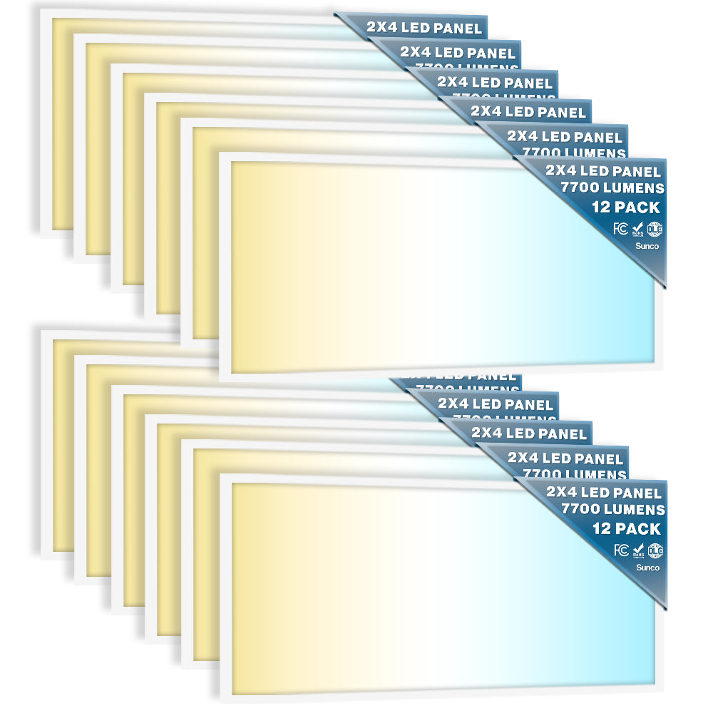 Packaging of 2x4 LED panels with specifications on a white background