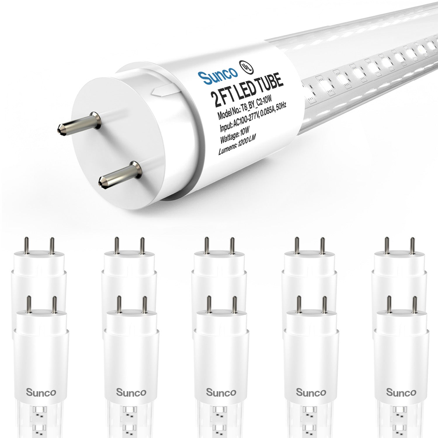 T8 LED Tube, 2ft, Clear Glass, Bypass, Type B, 10W, Single/Double Ended ...