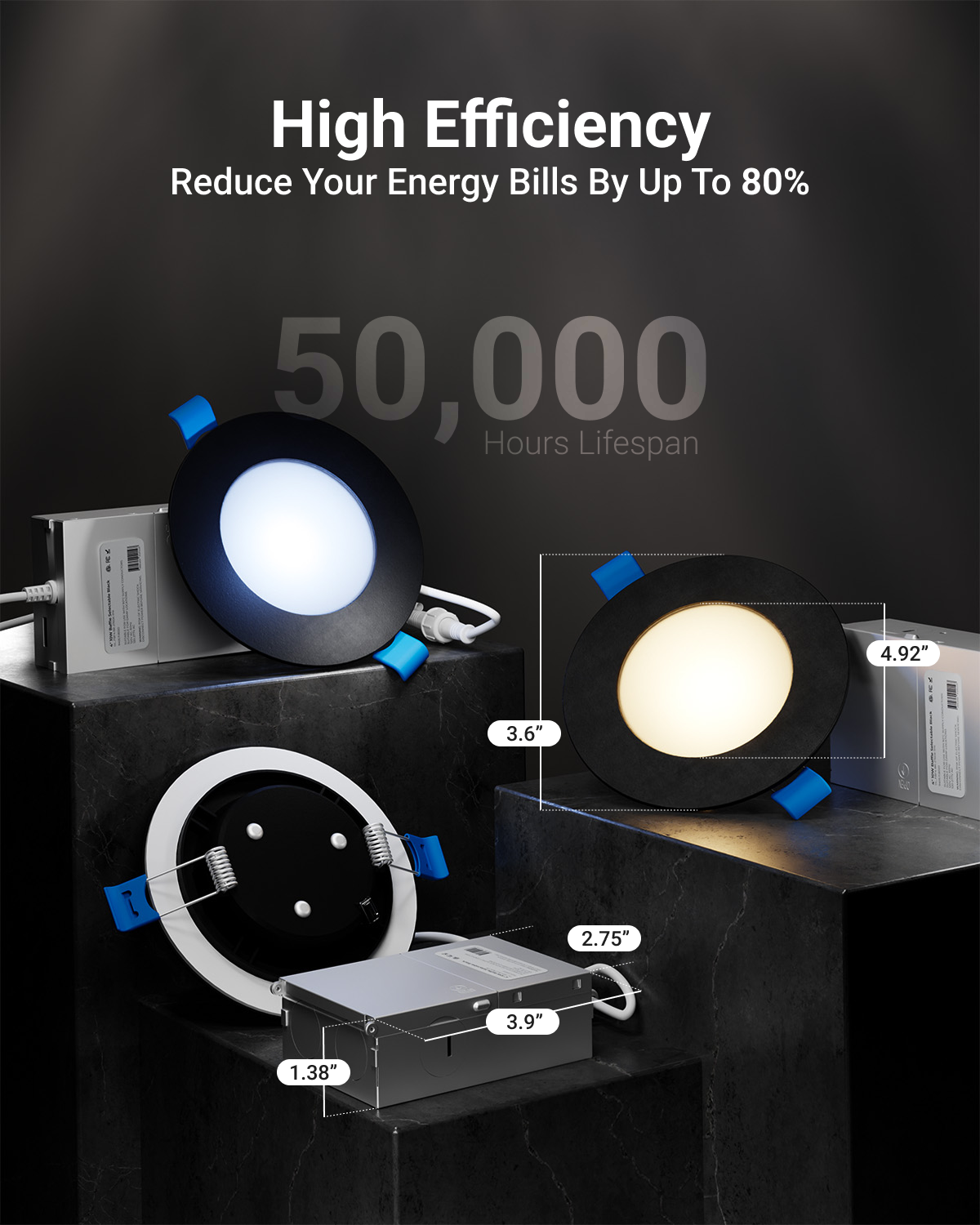 Dimensions of Sunco 4 Inch Slim Recessed LED Light and junction box measurements with product lifespan and efficiency in the background. 