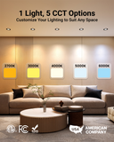 5 ceiling recessed lights shine beams of different color temperatures over a beige couch in a living room with a table and patterned carpet