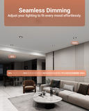 Dimmable recessed lighting demonstration showing seamless adjustment from 10% to 100% brightness in a living and dining area