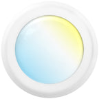 Round white LED disk light with smooth trim and blue-to-yellow selectable color lens on white background.