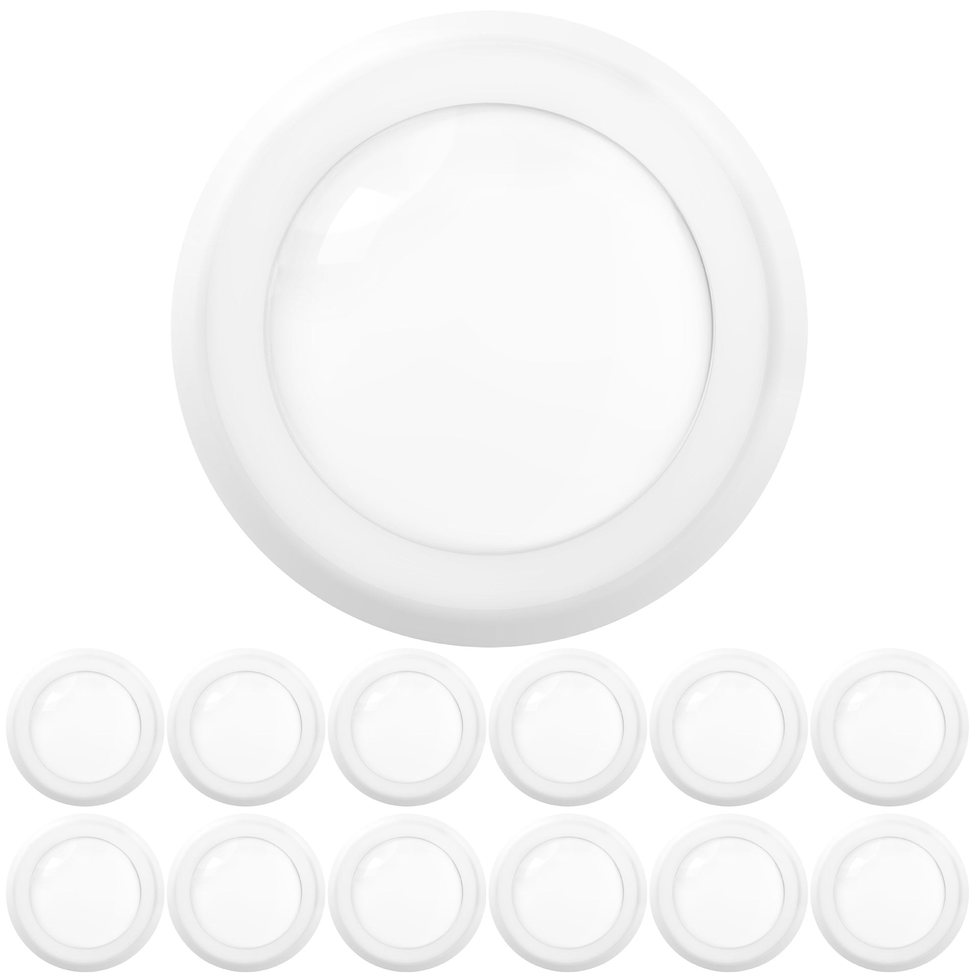  Large hero 5"/6" white LED disk light; eleven smaller duplicates arranged along the bottom, highlighting a 12-pack layout.