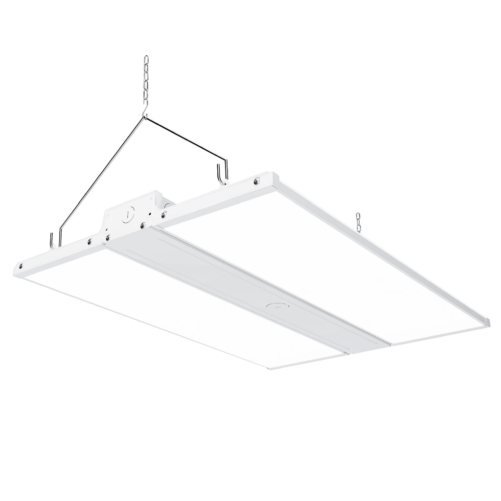 Dimmable 220W LED Linear High Bay from Sunco Lighting is 2 feet long and offers instant on, bright light for warehouse, gymnasium, workshop or industrial space. This 30800 lumen area light comes with chains for hanging high bay light fixture. The 220W LED is a 800W equivalent with a beam spread of 38ft to 72ft. The fixture is UL listed and FCC certified. Dim via 1-10V dimming.