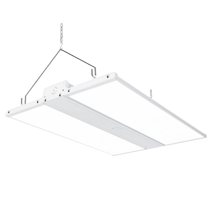 Dimmable 220W LED Linear High Bay from Sunco Lighting is 2 feet long and offers instant on, bright light for warehouse, gymnasium, workshop or industrial space. This 30800 lumen area light comes with chains for hanging high bay light fixture. The 220W LED is a 800W equivalent with a beam spread of 38ft to 72ft. The fixture is UL listed and FCC certified. Dim via 1-10V dimming.