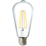 The unique vintage style of the Sunco ST64 LED Filament Bulb provides the retro look of a popular Edison-style light bulb. Features clear glass housing with an exposed LED Filament inside it. Also known as an ST19 Filament Bulb. Here the light bulb is turned off to show you the high tech LED filament when it is not illuminated. This dimmable bulb is waterproof for outside and indoor lighting solutions. 8.5W=60W with 800 lumens bright light.