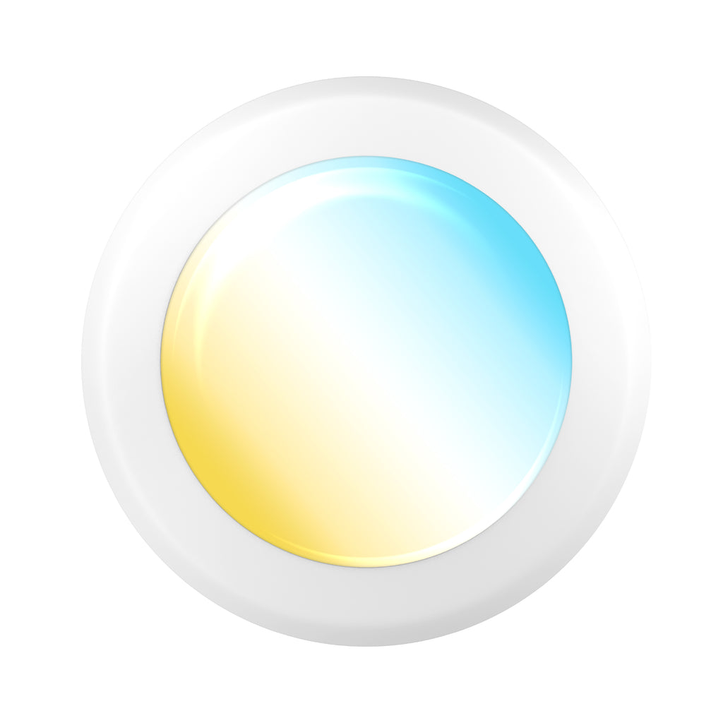Angled close up of a white disk light lens. Warm to cool gradient suggests selectable CCT lighting.
