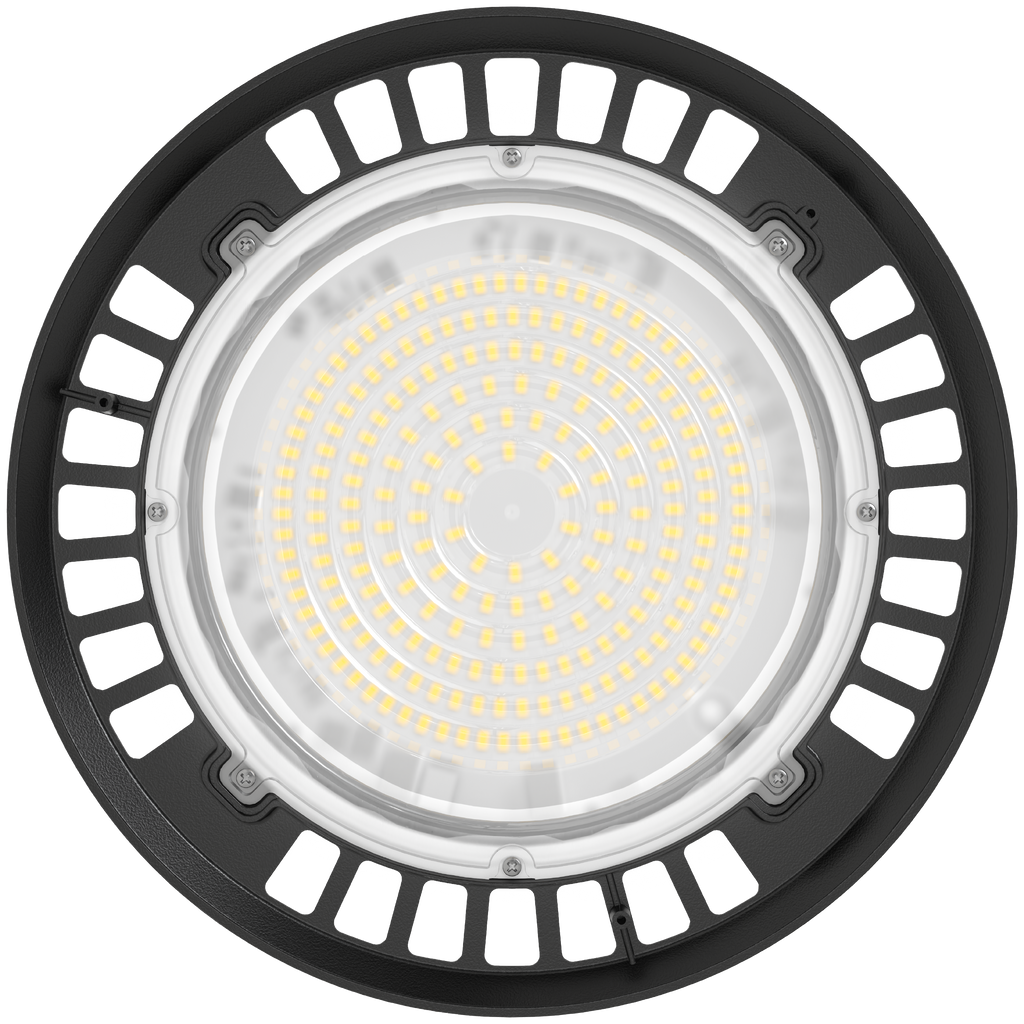 Front view of UFO high bay light with clear lens and circular LED array inside a black vented housing.