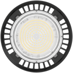Front view of UFO high bay light with clear lens and circular LED array inside a black vented housing.